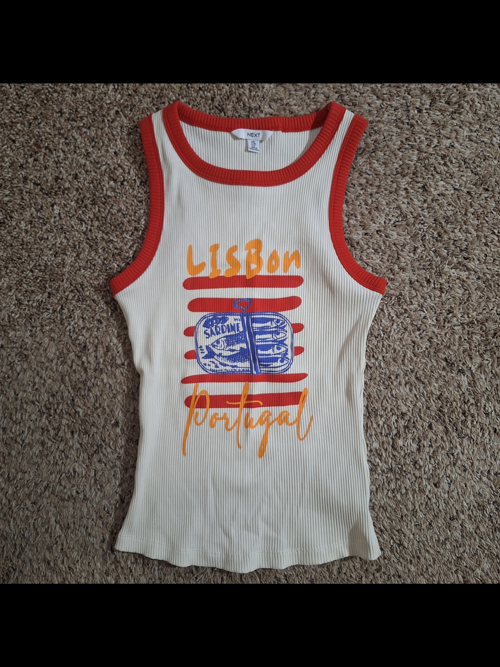 NEXT Lisbon Portugal Sardine Ribbed Tank Top Cream Red Size 4 S